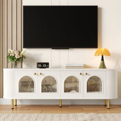 REDOM TV-meubel 170x35x55 cm van MDF, witte kast met glazen deuren, gouden grepen en kabeldoorvoer
