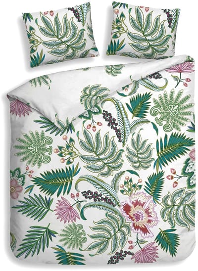 Heckettlane Dekbedovertrek Tiera - Dekbed met instopstrook - Wit - Dekbedovertrek van 100% Katoen-Satijn - Bladeren - 240x200-220 cm + 2 slopen 60/70 cm - Bangkok