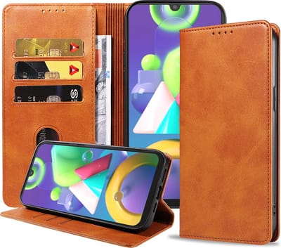 Smartphonica Samsung Galaxy M21 leren hoesje met magnetische sluiting en pashouders book case – Bruin geschikt voor Samsung Galaxy M21