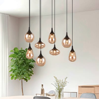 TRIO LUMINA - Hanglamp - Zwart mat - excl. 8x E14 40W - Aanpasbaar in hoogte - Amber glas