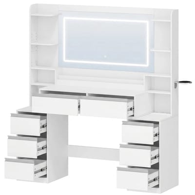 Norvia - Kaptafel - Make Up Tafel - Make Up Organizer - Grote spiegel - Verlichting - 8 Lades - Open Vakken - 135 x 145 x 40 cm