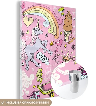 MuchoWow® Glasschilderij 120x160 cm - Schilderij acrylglas - Meisjes - Design - Unicorn - Regenboog - Roze - Foto op glas - Schilderijen