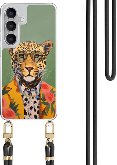 Casimoda® hoesje met zwart koord - Geschikt voor Samsung S25 FE - Luipaard Hipster - Afneembaar koord - TPU/polycarbonaat - Groen