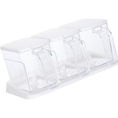 Boîte d'assaisonnement Ensemble Plastique Transparent 3 Grilles Grande Capacité Boîte à Condiments avec Cuillères pour Cuisine Elegant White white