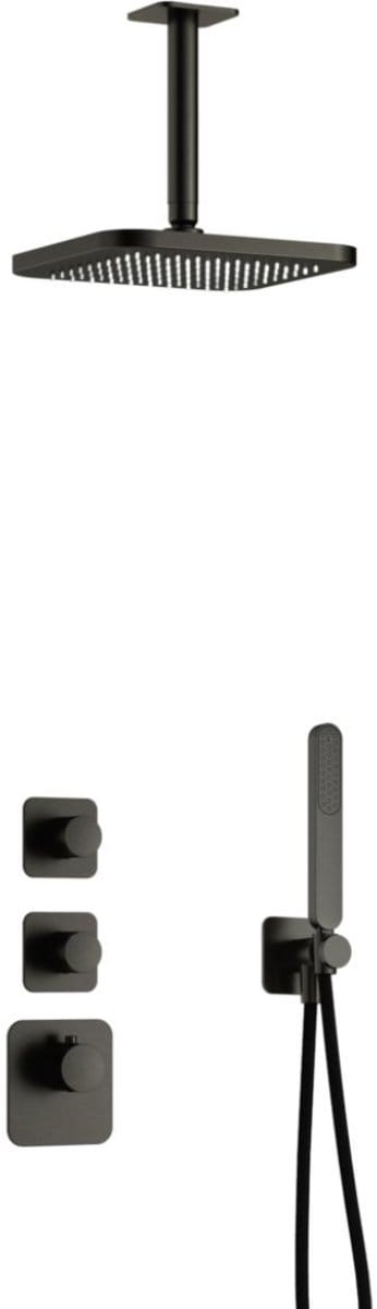 Hotbath Gal - Inbouw Regendoucheset - Geborsteld Gunmetal PVD - 2 Stopkranen - Thermostatisch - Plafondbuis 15 cm - Hoofddouche 220 mm - Staafhanddouche - V01