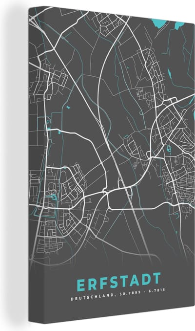Canvas Schilderij Erfstadt– Stadskaart – Blauw – Plattegrond – Stadskaart – Kaart - Duitsland - 20x30 cm - Wanddecoratie