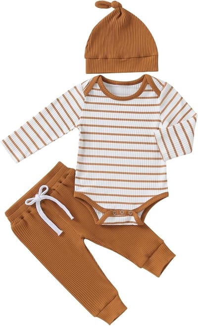 Gestreepte Romper met Lange Mouwen, Broek en Muts voor Babyjongens - Zacht Katoenen Kledingset voor Pasgeborenen en Peuters van 0-18 Maanden