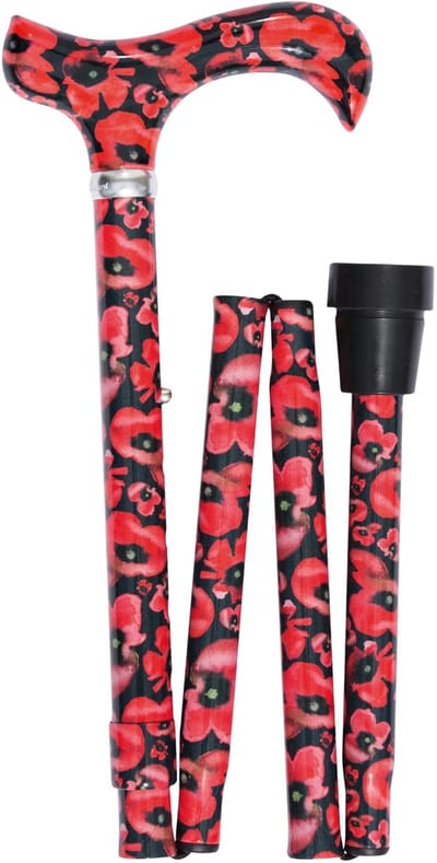 Classic Canes Opvouwbare wandelstok - Klaprozen - Bloemen - Zwart en rood - Verstelbaar - Lengte 80 - 90 cm - Aluminium - Derby handvat - Gewicht 315 gram - Diameter wandelstok 19 mm - Voor heren en dames - Wandelstok opvouwbaar - Inklapbaar