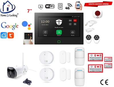 Draadloos / bedraad alarmsysteem met 7-inch touchscreen voor woning/camper/boot/caravan werkt met wifi en sim kaart en met spraakgestuurde apps. (Nederlands of Frans stem en tekst). ST01B-35