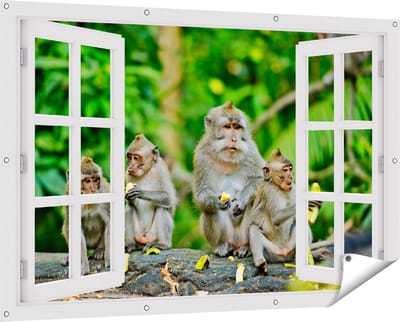 Gards Tuinposter Doorkijk Groep Apen Eten Bananen in het Bos - 150x100 cm - Tuindoek - Tuindecoratie - Wanddecoratie buiten - Tuinschilderij