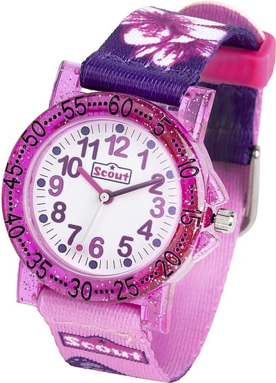 Scout Kinderuhr analog aus der Serie "The IT Collection" mit rosa lilanem Textilband, Schmetterling-Motiven und Quarzwerk