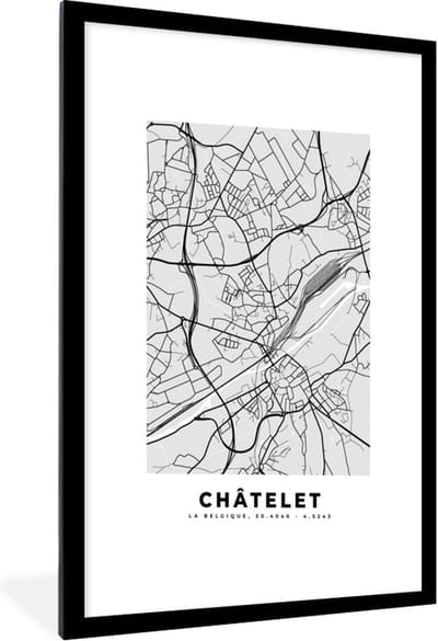 Fotolijst incl. Poster Zwart Wit- België – Châtelet – Stadskaart – Kaart – Zwart Wit – Plattegrond - 60x90 cm - Posterlijst