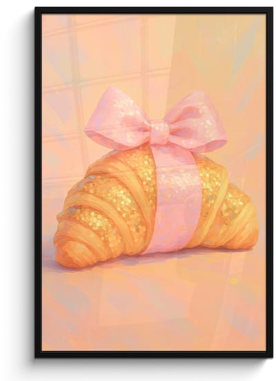 Poster in lijst - Fotolijst 80x120 cm - Posters - Croissant - Strik - Roze - Posterlijst zwart - Decoratie - Wanddecoratie woonkamer - Muurdecoratie slaapkamer