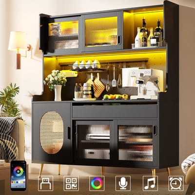 OKWISH Dressoirkast – Met Led Verlichting En Appbediening – 145×39×171 Cm – 5 Deuren En Lades Met Achterwand Paneel – Mdf Zwart