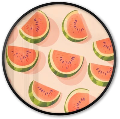 Poster in lijst Rond - Fotolijst 60x60 cm - Posters - Watermeloen - Schijfjes - Pitten - Rood - Ronde posterlijst zwart - Decoratie - Wanddecoratie woonkamer - Muurdecoratie slaapkamer