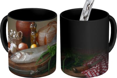 Magische Mok - Foto op Warmte Mokken - Koffiemok - Rustiek - Vis - Stilleven - Groente - Kruiden - Magic Mok - Beker - 350 ML - Theemok