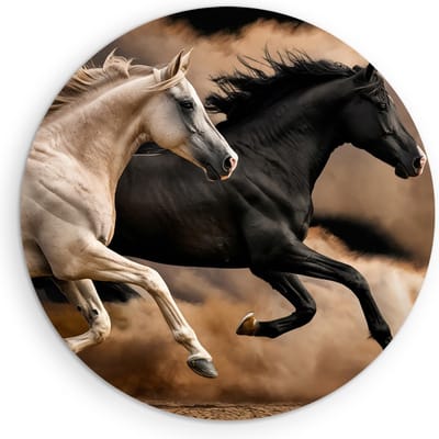 Saammp Muurcirkel Hout - 2 Paarden tussen de stof wolken- Dieren - Natuur - Ø 90 - Wandcirkel - Wanddecoratie Cirkel - muurdecoratie Woonkamer - Slaapkamer decoratie - Rond Schilderij