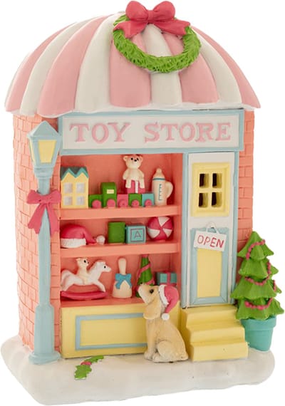 Viv! Christmas Kerstbeeld - Speelgoed Winkel met Hond - pastel roze - 22cm