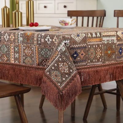 Geometrische Patronen Chenille Tafelkleed Kwastrand Geborduurd Eettafelkleed Rechthoekig Dik Slijtvast Tafelkleed 90x90cm 1pcs