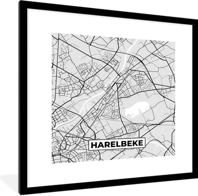 Fotolijst incl. Poster Zwart Wit- België – Harelbeke – Stadskaart – Kaart – Zwart Wit – Plattegrond - 40x40 cm - Posterlijst