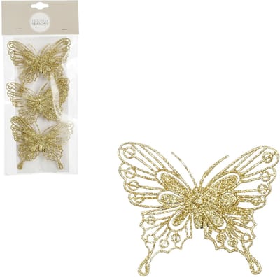 House of Seasons decoratie vlinders op clip - 3x stuks - goud - 10 cm