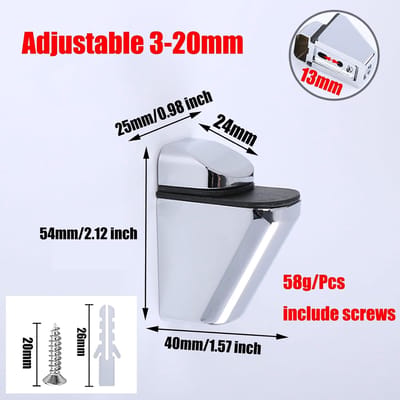 4x Glazen Plankhouders Zinklegering, Verstelbaar voor 3-20mm Glas