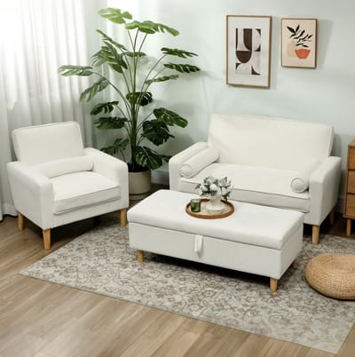 STILVORA Zitbank 2 Zits - Comfortabele Bank Met Hoge Dichtheid Schuim En S Veren - Voor Woonkamer En Slaapkamer - Polyester - Creme Wit