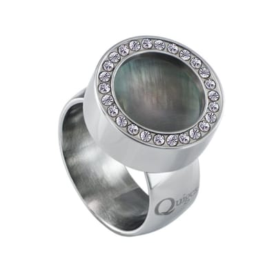 Quiges RVS Schroefsysteem Ring met Zirkonia Zilverkleurig Glans 16mm met Verwisselbare Parelmoer Grijs Schelp 12mm Mini Munt