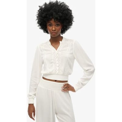 Superdry Blouse met Lange Mouwen, Smokwerk en Kanten Randen Crème Grootte: 36