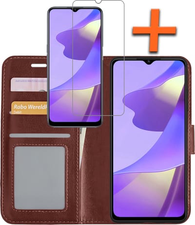 Hoes - Met Screenprotector - Geschikt voor OPPO A16s - Luxe Pasjeshouder - Bookcase Portemonee - Flip Case - Kunstleer Book Case - Flipcase - Book Cover - Walletcase - PortemonneeHoes - Bruin