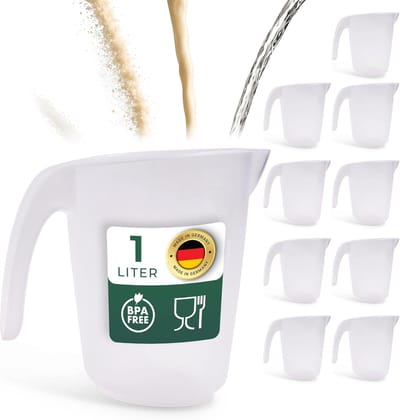 Novaliv Value Set 10x 1L Maatbekers, Maatbeker 1000ml Set Transparant met Duidelijke g/ml Schaal voor Vloeistoffen Bloem & Suiker, Gemaakt in Duitsland, Vaatwasserbestendig, Mengkom Maatbeker Keuken