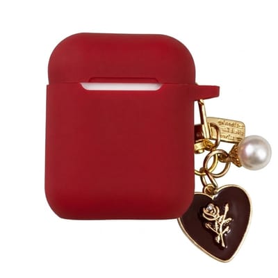 Rood hoesje voor oordopjes dames met decoratieve hanger en goudkleurige roos geschikt voor AirPods 4 met effen ontwerp en clip