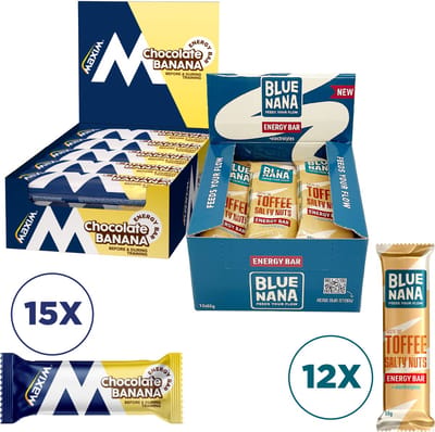 Combipack Maxim Pro Energy Bar - Chocolate Banana - 15 x 56g + Blue Nana Energy Bar - Toffee Salty Nuts - 12 x 55g - Energierepen - Sportvoeding