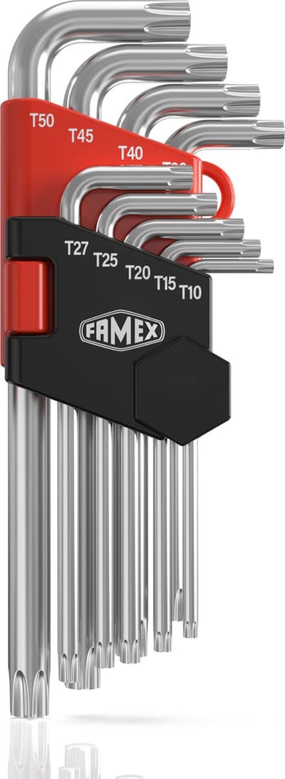 FAMEX 10788 Hoekschroevendraaier voor Torx-schroeven, lang, T-10 - T-50, 9-delig