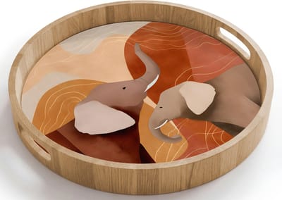 Dienblad rond 40x40 cm - Schootdienblad hout - Olifanten - Oranje - Abstract - Borrelplank rechthoek - Plateau houten dienbladen