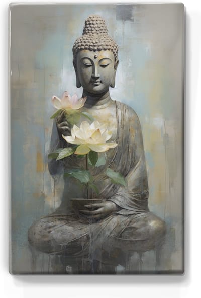 Boeddha met bloemen - Laqueprint - 19,5 x 30 cm - Niet van echt te onderscheiden handgelakt schilderijtje op hout - Mooier dan een print op canvas. - LP509