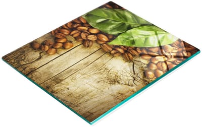 Glazen serveerplank voor in de keuken met koffie- en laurierbladmotief, 60x52 cm