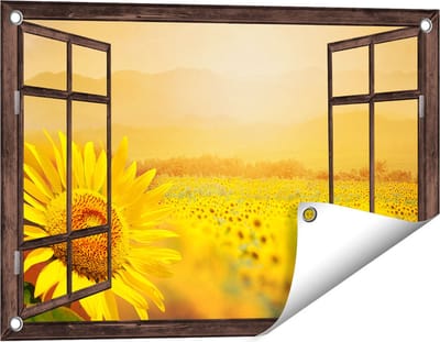 Gards Tuinposter Doorkijk Zonnebloemen Veld met Zonopkomst - 60x40 cm - Tuindoek - Tuindecoratie - Wanddecoratie buiten - Tuinschilderij