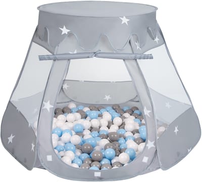Selonis Pop Up Kasteeltent Grijs Voor Kinderen - 300 Ballen Speeltent - Binnen En Buiten Speelhuisje - 105x90 cm - Grijs Wit Babyblauw