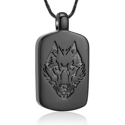 Aramat Jewels | Gedenkhangers | RVS Ashanger Rechthoek met Wolf - Zwart | | | |20mm | Staal | Volwassenen | Verkleurd niet