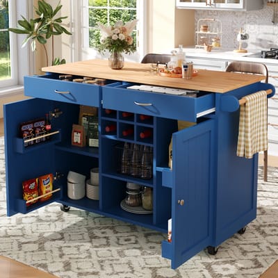 Keukeneiland - 102 x 45 x 92 cm - Keukenkast met Opbergruimte en Houtlook - MDF - Blauw