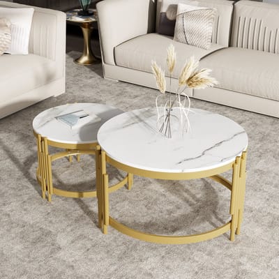Gutent Salontafel, Goud, MDF-Materiaal, Salontafelset, Marmerlook, Goudkleurig metalen frame, Twee maten ronde tafels