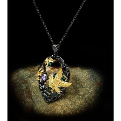 Holle bloem ketting, nieuwe stijl decoratie, kleurrijke edelstenen, diamanten, eksters, zwartgouden hanger black
