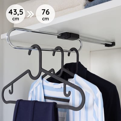 Eleganca Uitschuifbare Kledingstang - 43.5 x 5 x 6.3 cm - Verstelbare Kledingroede - 45.5 cm Inbouwdiepte - Garderobestang Metaal - 12 kg Draagvermogen - Zilver/Chroom