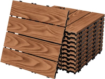 4x WPC-terrastegels 30x30 cm, voordelige set van 11 stuks voor 1 m², lichtbruin, vloerbedekking met houtlook, met drainage en kliksysteem
