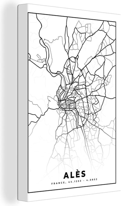 Canvas Schilderij Alès - Kaart – Plattegrond – Frankrijk – Stadskaart - Zwart wit - 20x30 cm - Wanddecoratie