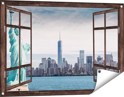Gards Tuinposter Doorkijk Vrijheidsbeeld in New York - 90x60 cm - Tuindoek - Tuindecoratie - Wanddecoratie buiten - Tuinschilderij