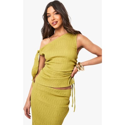 boohoo Dames Top met textuur, geraffelde details en een strikband | Olive | Maat: 6