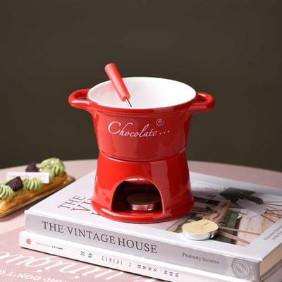 Europese Stijl Zwitserse IJsroom Kaas Kaas Chocolade Smeltoven Rode Keramische Sfeer Hot Pot Kop met Vork Wit 201-300ml