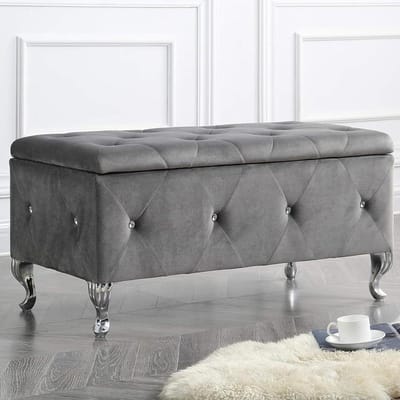 Opbergkruk - Poef voetenbank - Extra zitplaats - Gewatteerd met kristallen - 96 x 46 cm - Grijs